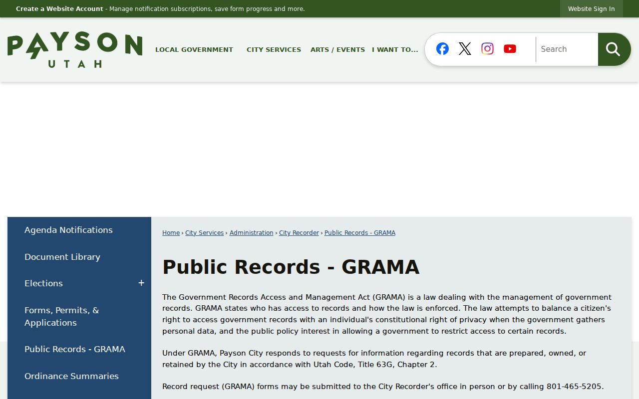 Payson residents directory City GRAMA request route