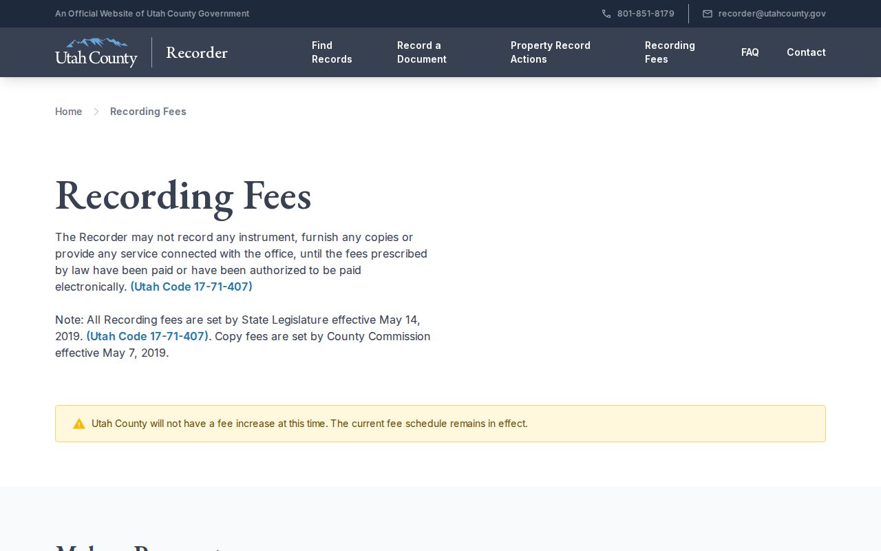 Payson previous residents Utah County recording and copy fees